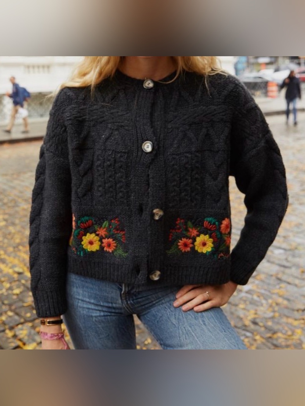 Leandra Medine x Mango Black Cable Knit Embroidered Cardigan Sweater L folk boho